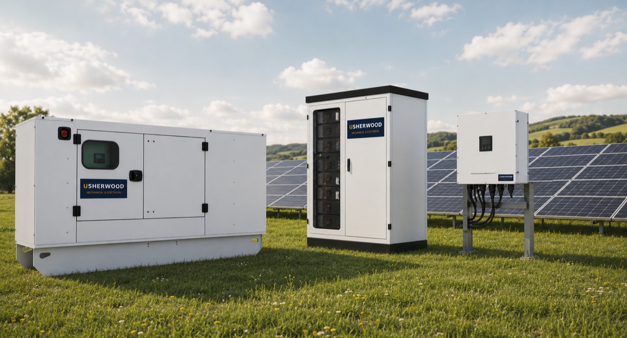 Illustrative graphic of Usherwood off-grid power systems: a packaged standby generator, a battery storage cabinet and a solar array with inverter, shown together in open countryside
